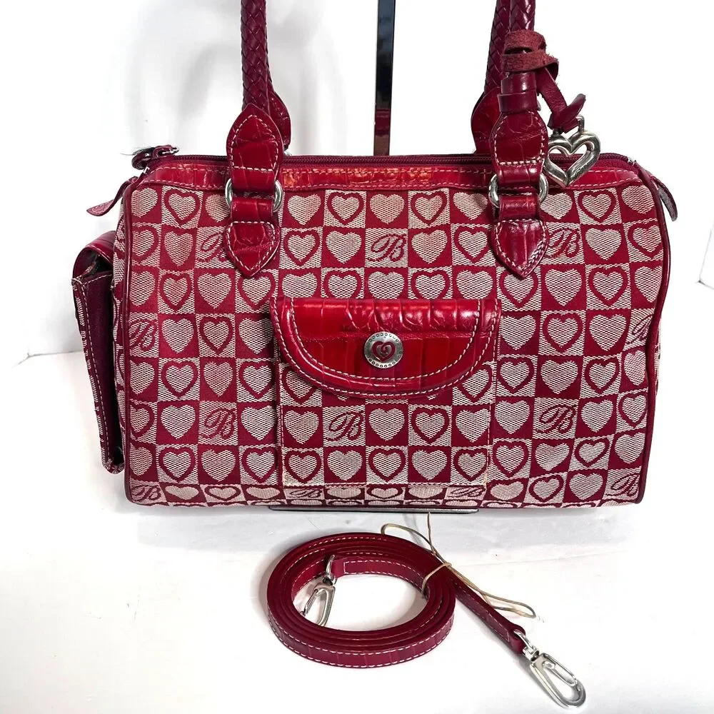 Brighton Red Heart Canvas & Croc Embossed Leather Vtg Satchel